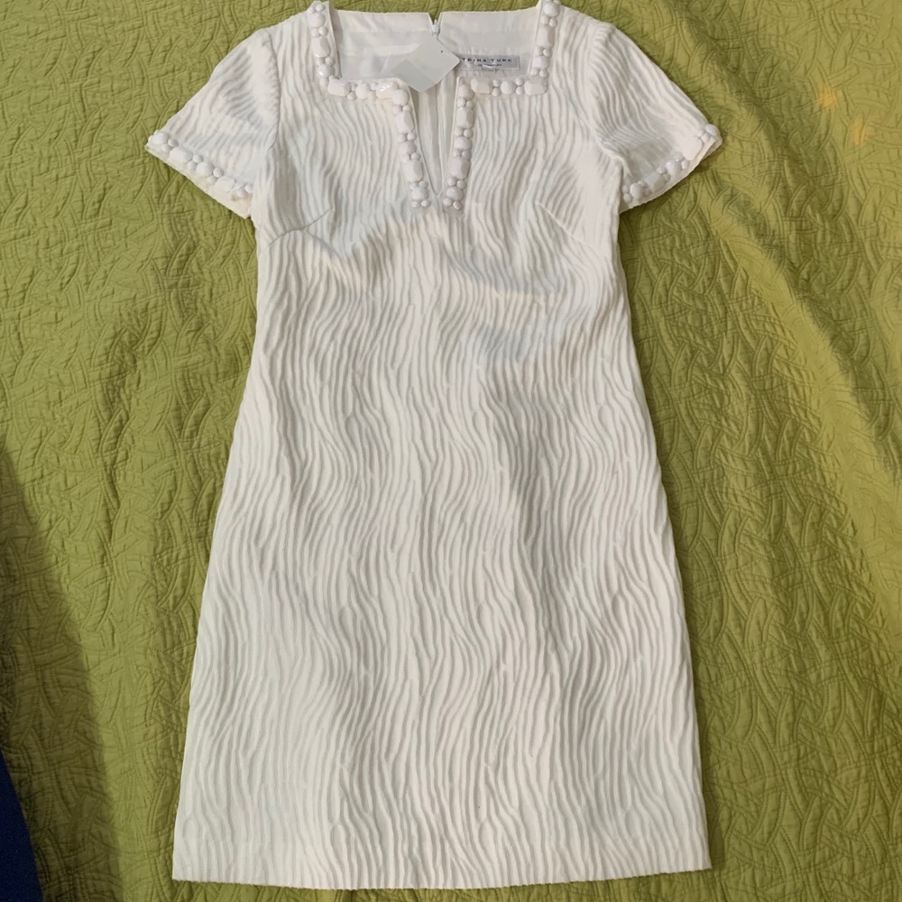 Trina Turk White Jeweled Sheath Dress